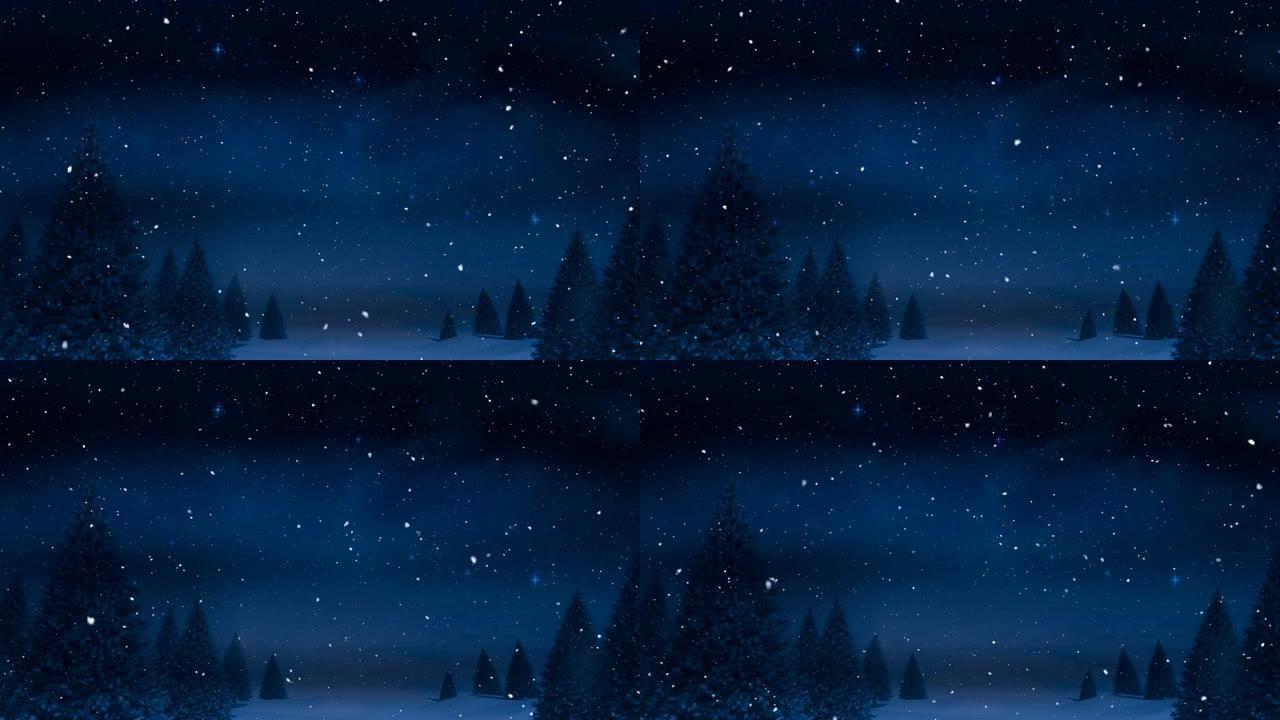 冬季风景中雪落在杉树上的动画