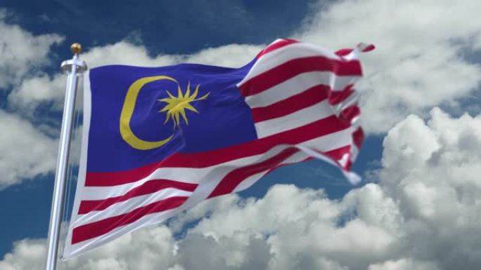 4k环形的马来西亚国旗在风中飘扬，时光流逝翻滚的云朵背景。