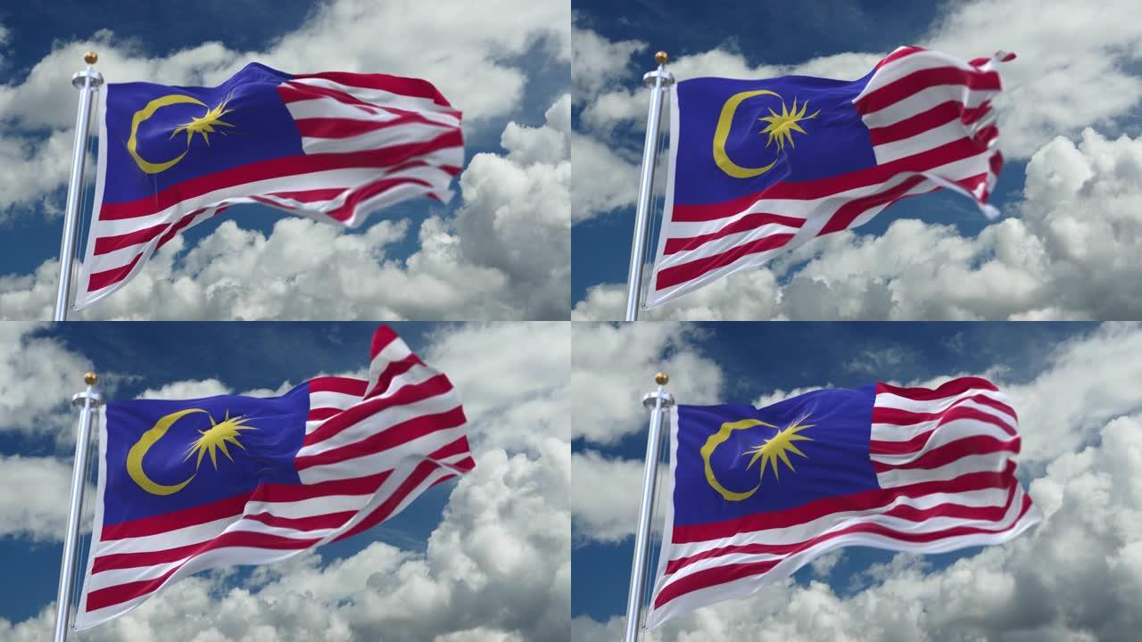 4k环形的马来西亚国旗在风中飘扬，时光流逝翻滚的云朵背景。