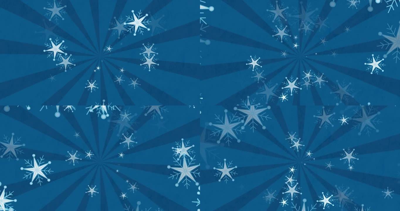 蓝色圣诞节背景上雪花飘落条纹的动画