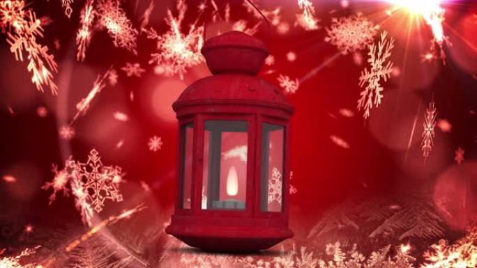 红色背景下的圣诞灯笼上的雪的动画