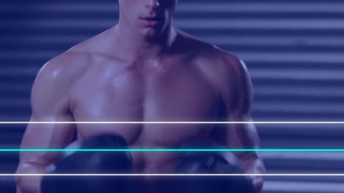 白种人男拳击手热身上的蓝白霓虹灯线动画