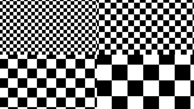 简单的几何运动图形背景。黑白方格图案。具有基本形状的无缝动画