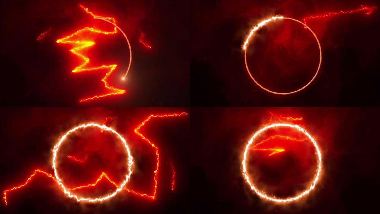 黑暗屏幕上发光的橙色闪电和燃烧的圆圈的动画