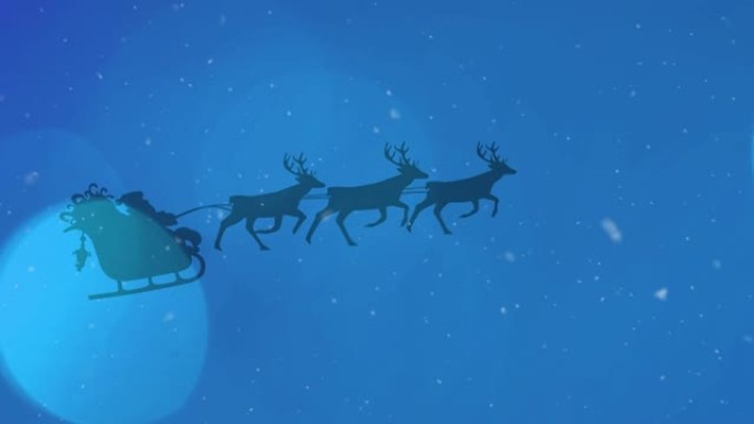 蓝色背景上的驯鹿拉着雪橇上的圣诞老人落下的光点和雪