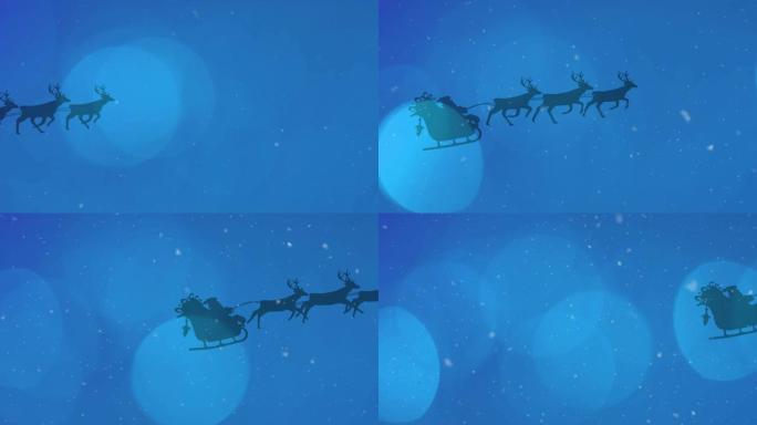 蓝色背景上的驯鹿拉着雪橇上的圣诞老人落下的光点和雪