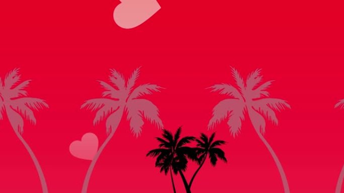 红色背景上的棕榈树和心脏动画