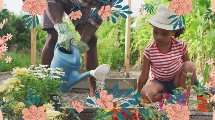 快乐的非洲裔美国父亲和女儿在花园里浇水的花朵动画