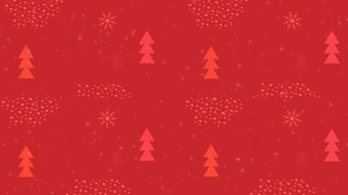 红色背景上的圣诞装饰品和枞树上飘落的雪花动画