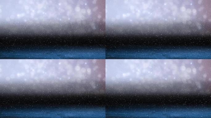 带有复制空间和木质表面的雪落在发光光点上的动画