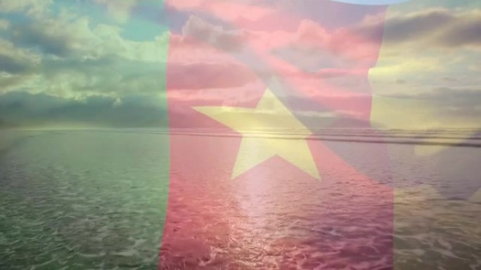 数字组成的喀麦隆旗帜挥舞反对海浪在海的鸟瞰图