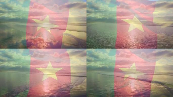 数字组成的喀麦隆旗帜挥舞反对海浪在海的鸟瞰图