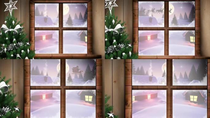 透过窗户看到圣诞装饰的冬季风景动画