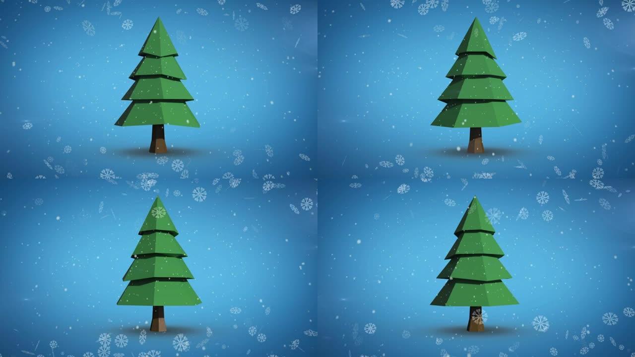 雪花落在蓝色背景下旋转的圣诞树图标上