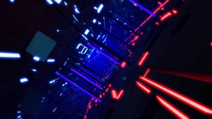 蓝色深色科幻bg像隧道霓虹灯一样飞过科技数字空间。信息技术概念，区块链或bigdata中的高科技信息