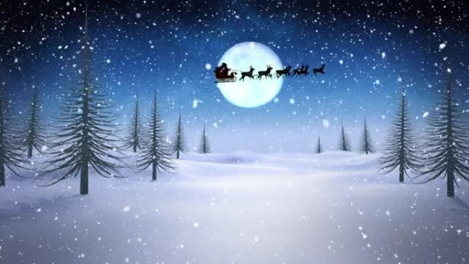 圣诞老人在雪橇上的动画与驯鹿在降雪和月亮上