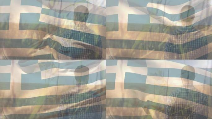 希腊国旗飘扬在站在麦田里的男农民身上的动画