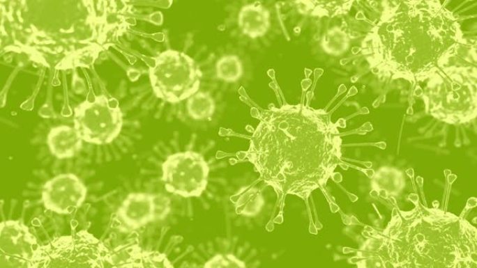 冠状病毒。绿色背景上的白色冠状病毒。3d动画