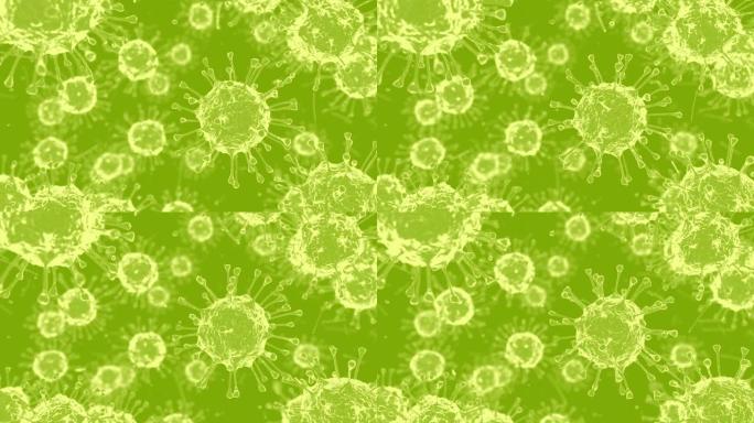 冠状病毒。绿色背景上的白色冠状病毒。3d动画