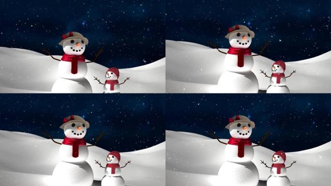 两个雪人的积雪和冬季景观的动画