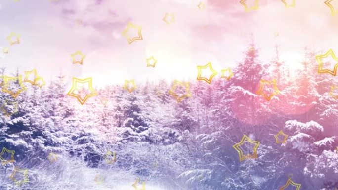 圣诞节时，星星在冬天的风景中掉落的动画
