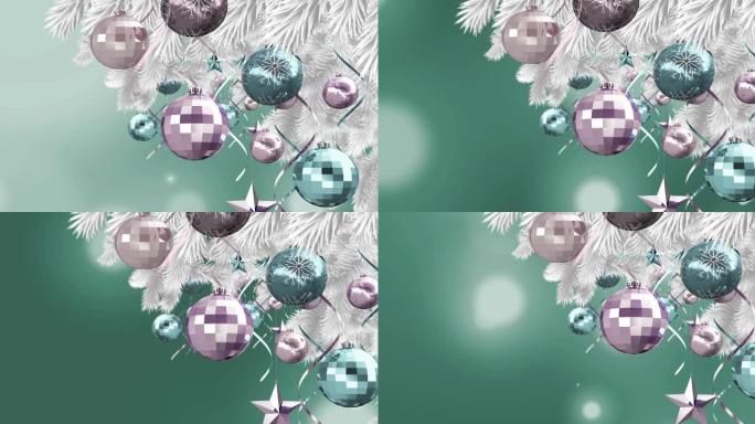 圣诞装饰品挂在圣诞树上，绿色背景上的光斑