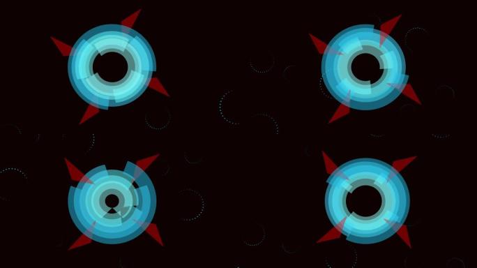 黑色背景上多个蓝色圆圈和红色形状以催眠运动旋转的动画。G