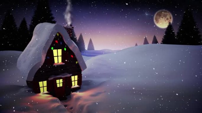 在夜空的冬季景观上，雪落在积雪覆盖的房屋上