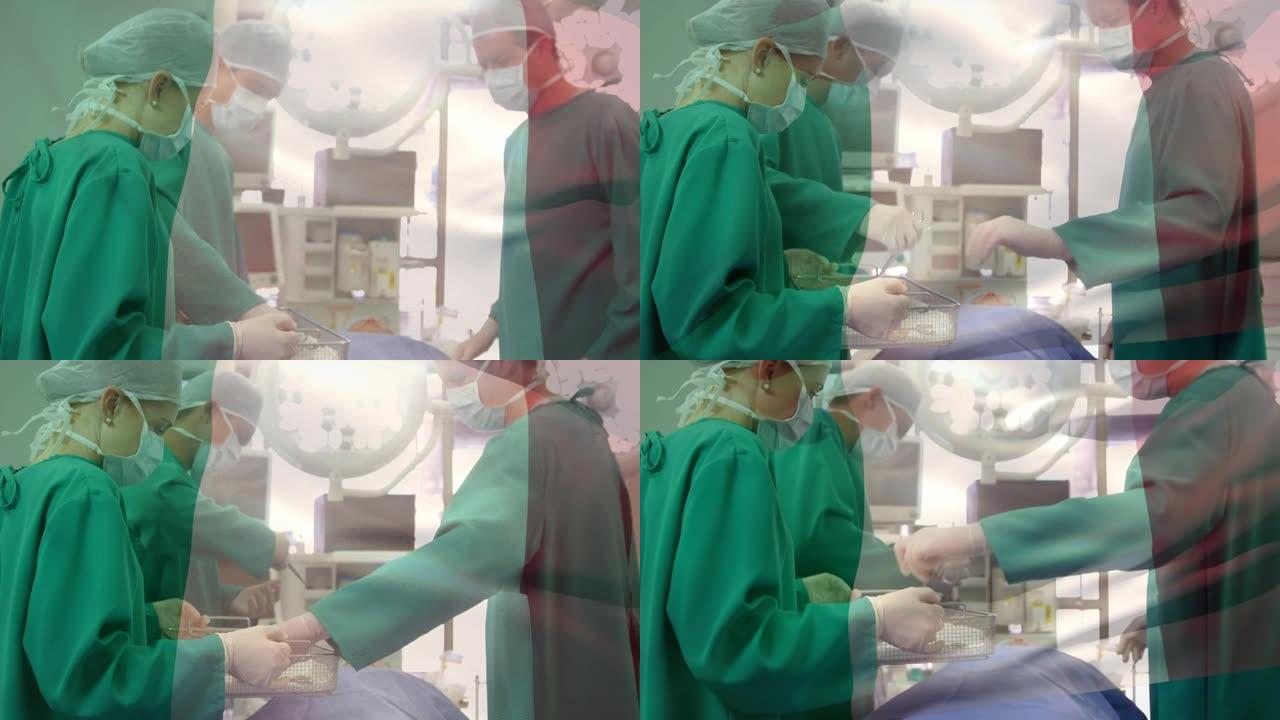 意大利国旗在手术室中挥舞着外科医生的动画