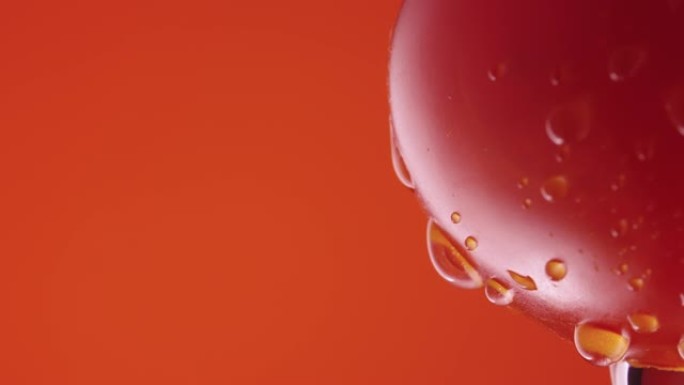红色工作室背景上水滴成熟的番茄。红色番茄表面滴下水滴的宏观镜头。屏保和壁纸的湿蔬菜。慢动作。特写