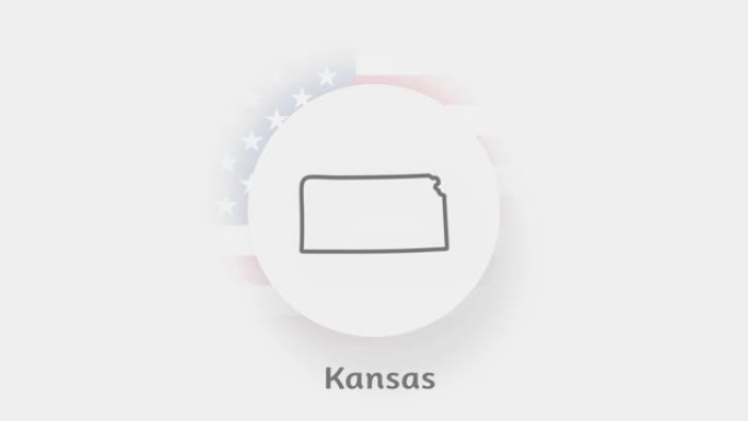美国堪萨斯州。显示堪萨斯州的美国动画地图。美利坚合众国。Neumorphism最小样式
