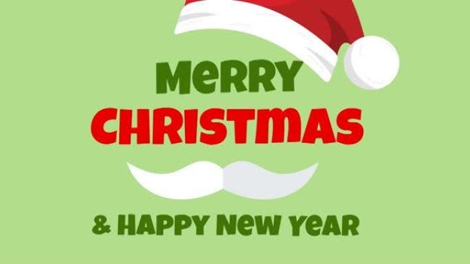 圣诞快乐和新年快乐动画绿色背景上有圣诞老人帽子