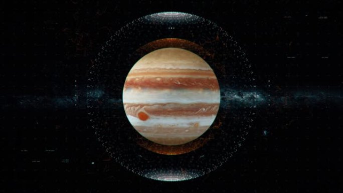 太空中的木星与HUD界面元素。带有全息设计零件的木星在太阳系中缓慢旋转。星际星系。巨大的气体巨人，有