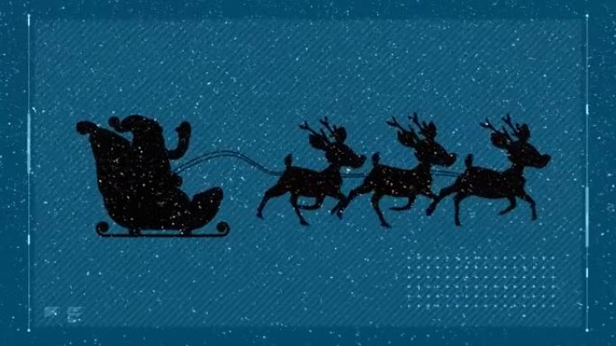 界面和雪落在雪橇上的圣诞老人上，被驯鹿拉在蓝色背景上