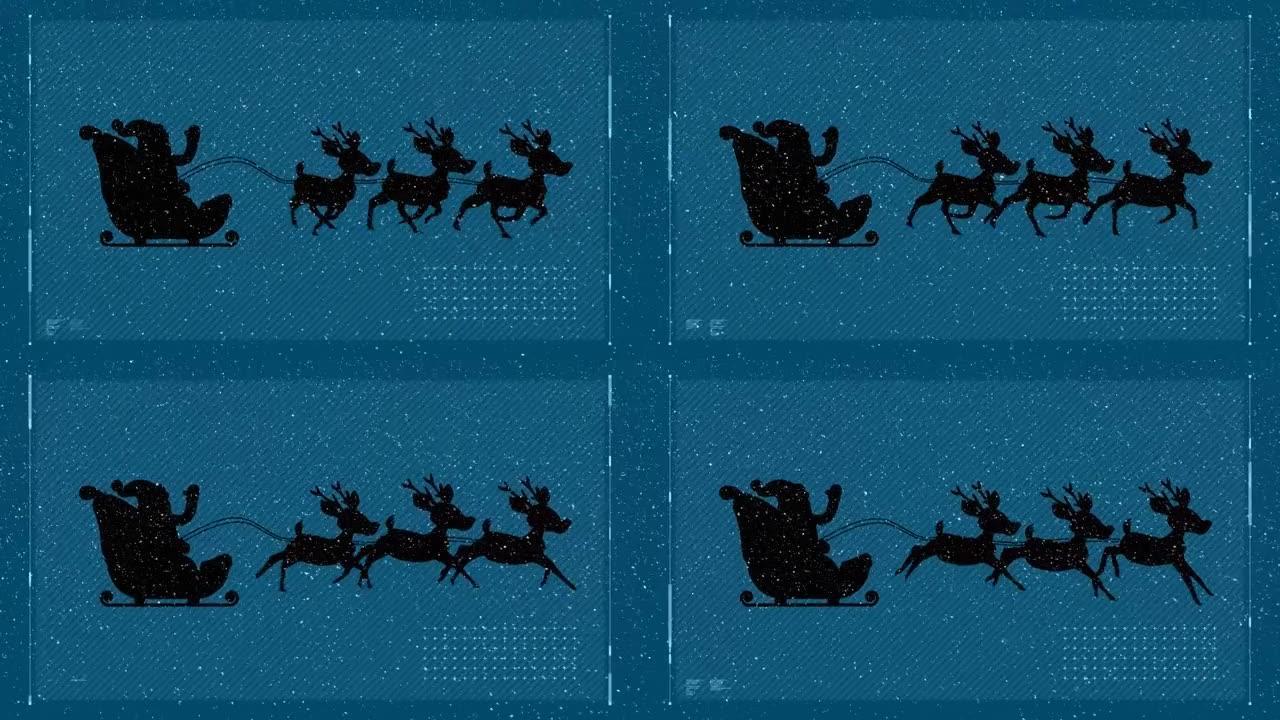 界面和雪落在雪橇上的圣诞老人上，被驯鹿拉在蓝色背景上