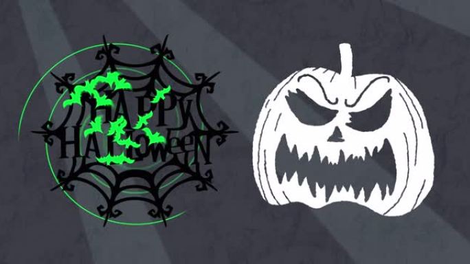 黑色蜘蛛网上的万圣节快乐文字动画，带有南瓜头和绿色蝙蝠，灰色
