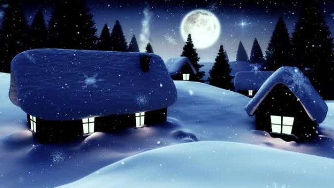 雪花落在夜空中月亮的冬季景观上的多座房屋和树木上