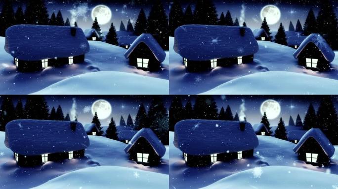 雪花落在夜空中月亮的冬季景观上的多座房屋和树木上