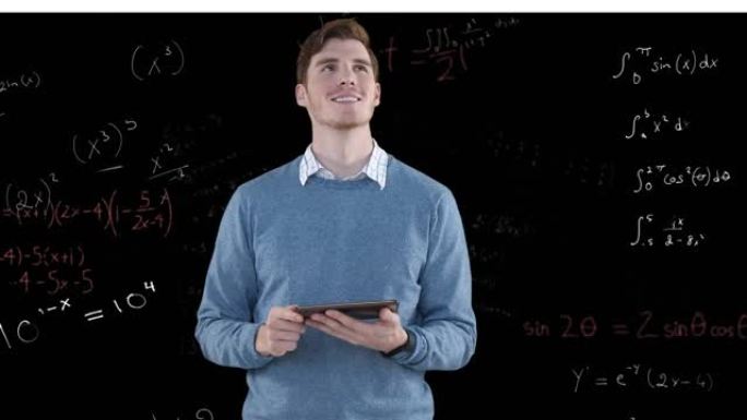 白种人男老师在数学方程式上使用平板电脑的动画