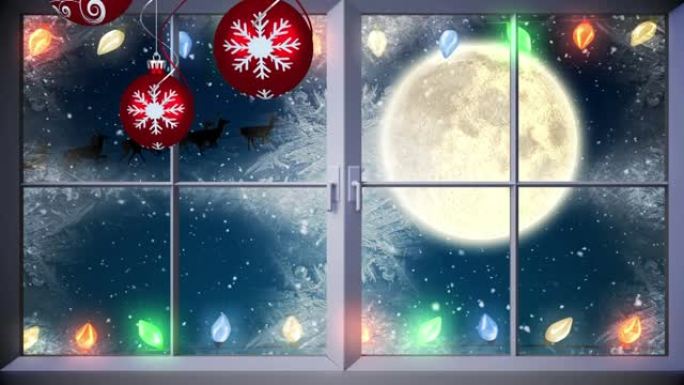 圣诞节小玩意儿和雪橇上的圣诞老人的动画，驯鹿在月球上移动