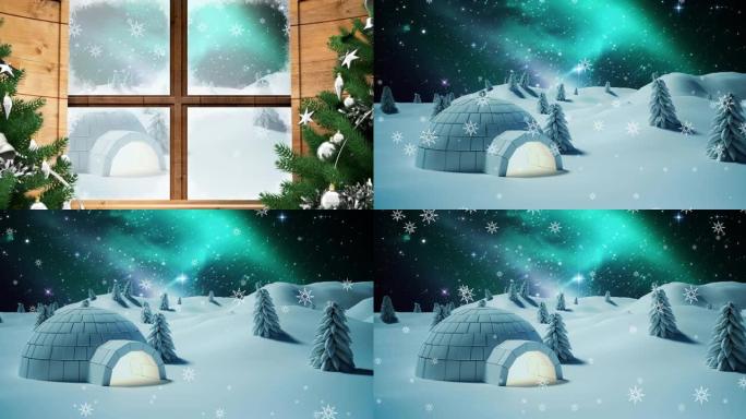 透过窗户看到冰屋的冬季夜间降雪动画