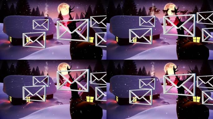 多个信息图标和雪落在多个房屋上的冬季景观与夜空