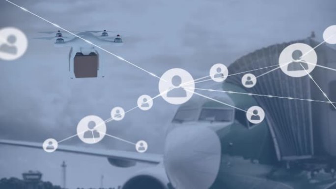 飞机上的连接网络和数字无人机的动画