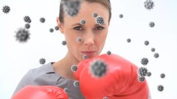 病毒细胞漂浮在高加索女性拳击上的动画