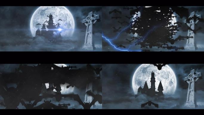 蝙蝠飞过万圣节城堡和墓地，在夜空中对着月亮