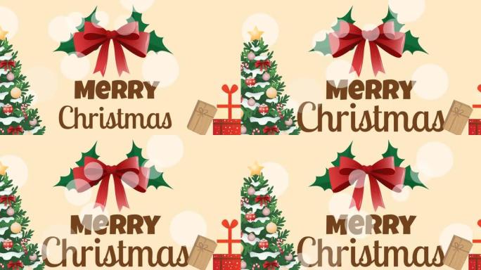 红丝带和圣诞树上的圣诞快乐文字动画