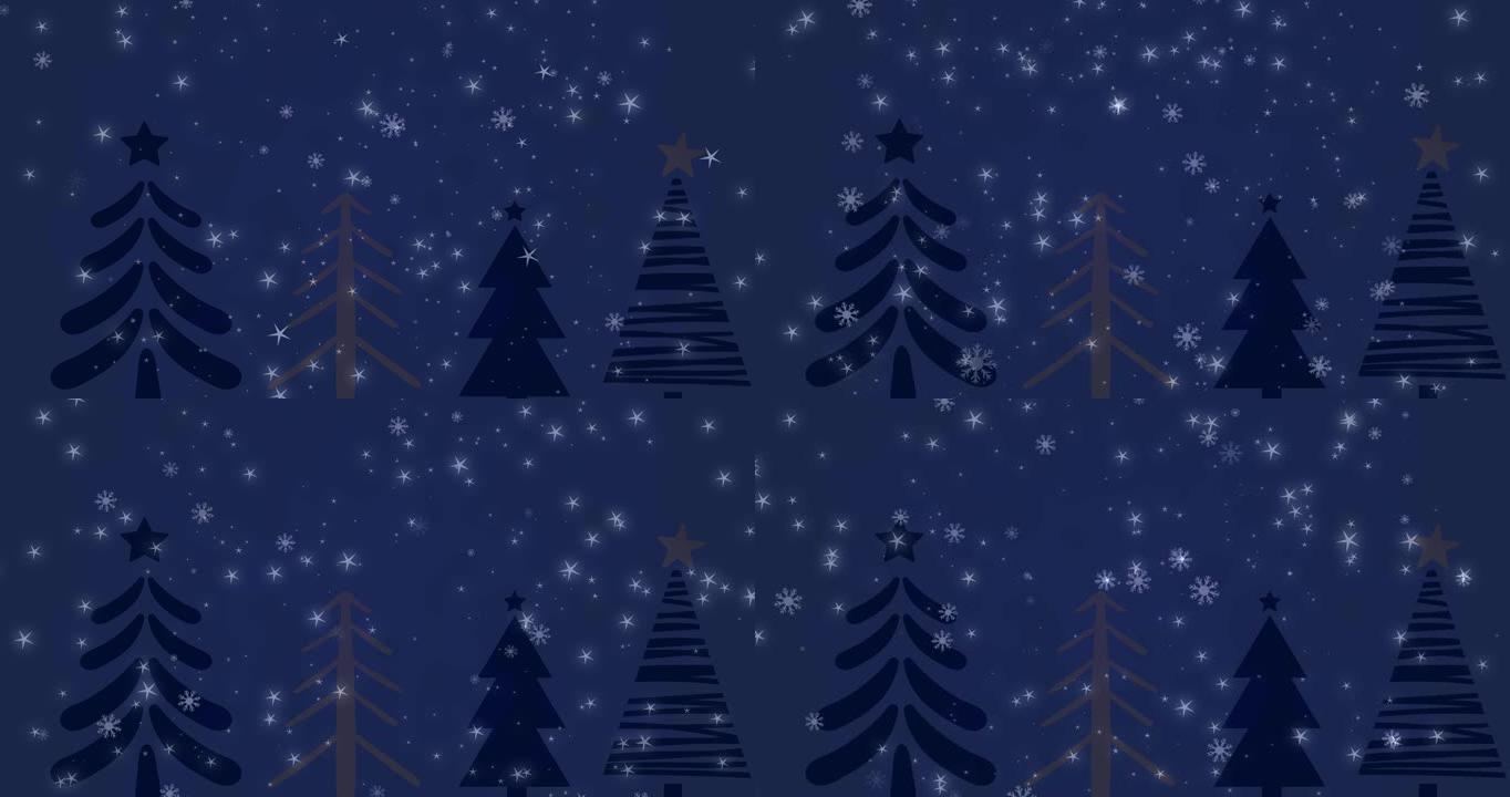 在黑暗的背景下，雪花落在杉树上的动画