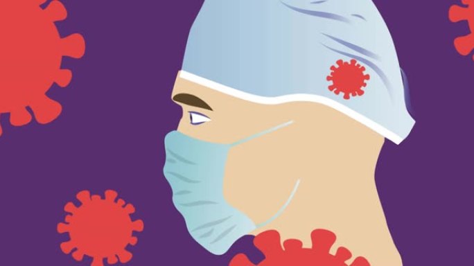 紫色背景上的面具和病毒细胞的人的动画