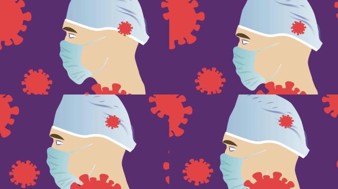 紫色背景上的面具和病毒细胞的人的动画