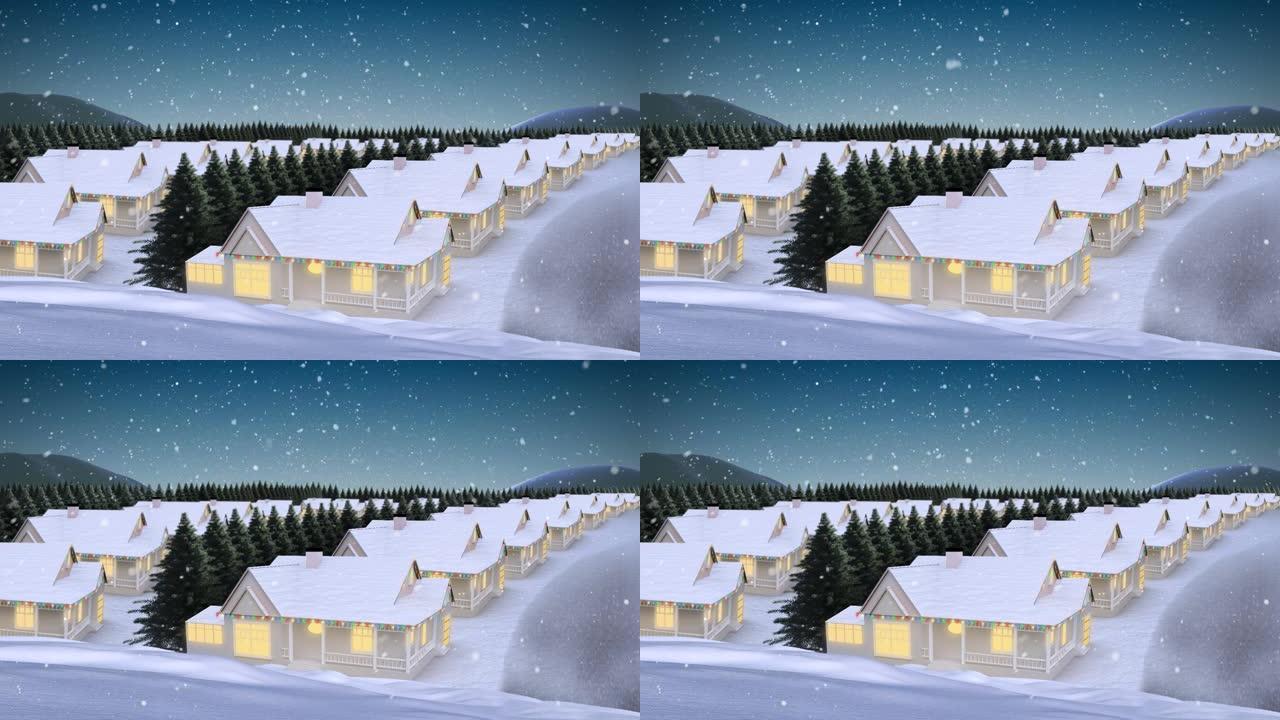 冬天风景下的雪落在房屋上的动画